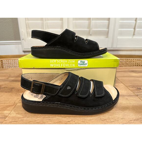 Finn Mens Comfort Sylt Sandal Black Nubuck Size 9.5/10 US 43 EU NIB Soft Footbed - Picture 2 of 15